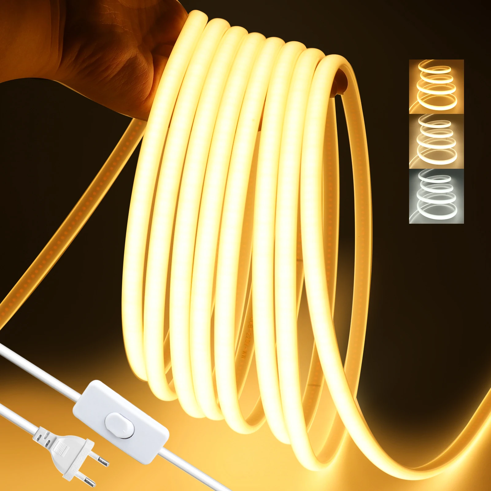 

220V COB LED Neon Light Strip with ON OFF Control 288LEDs/m High Bright RA90 Warm/Natural/White Waterproof Outdoor Flexible Tape