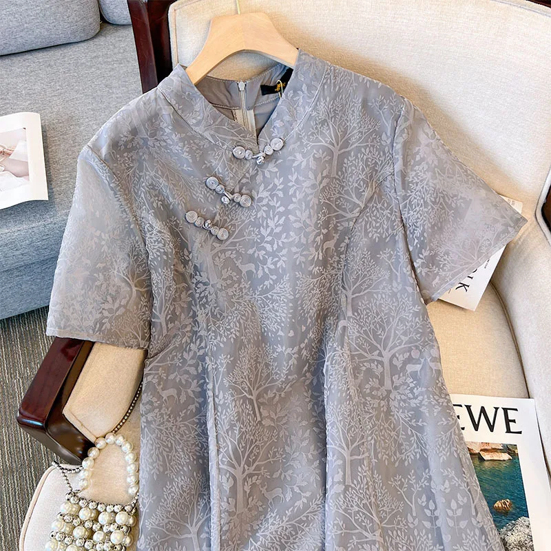 150Kg Plus Size Women\'s Improved Embroidered Cheongsam Bust 151 Summer Loose V-Neck Short-Sleeved Dress Gray Big 6XL 7XL 8XL 9XL