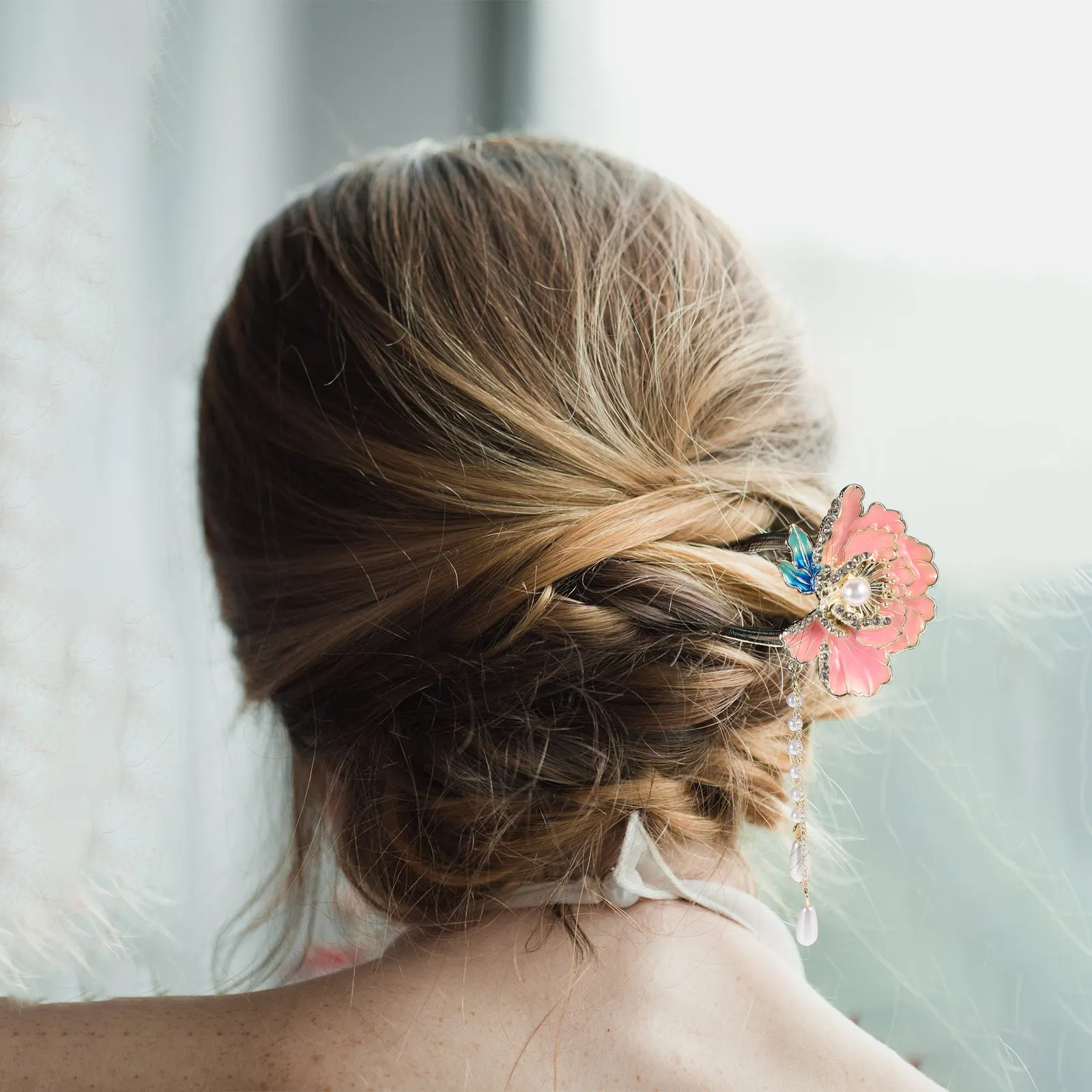 Enamel Peony Flower U-Shaped Hairpin Chinese Style Elegant Hair Pin for Women Traditional Updo Chignon Pins Vintage Hair