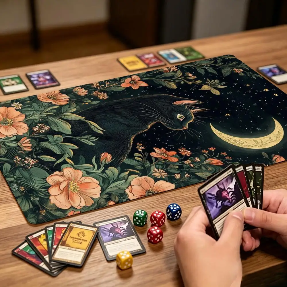 Dark Green Floral Black Cat Crescent Moon Playmat Night Garden Witchy Style TCG Card Game Table Playmat NonSlip Rubber Table Pad