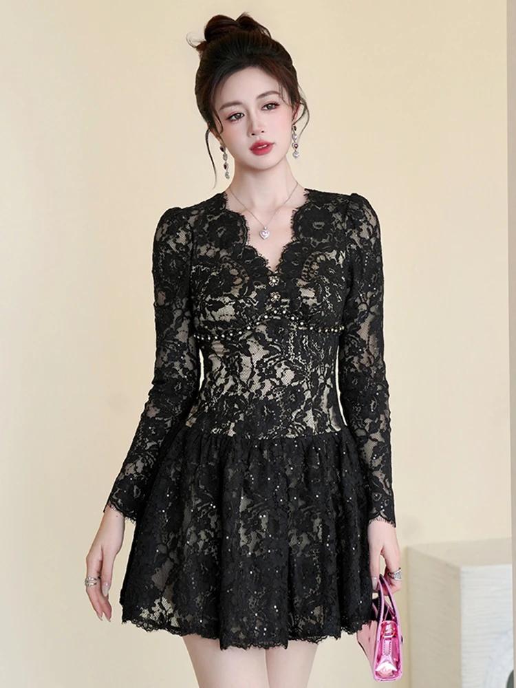 

Women's Elegant Black Lace Party Dress Lady Cute Bright Sequins Sheer Swing Ball Gown Female Club Evening Date Vestido