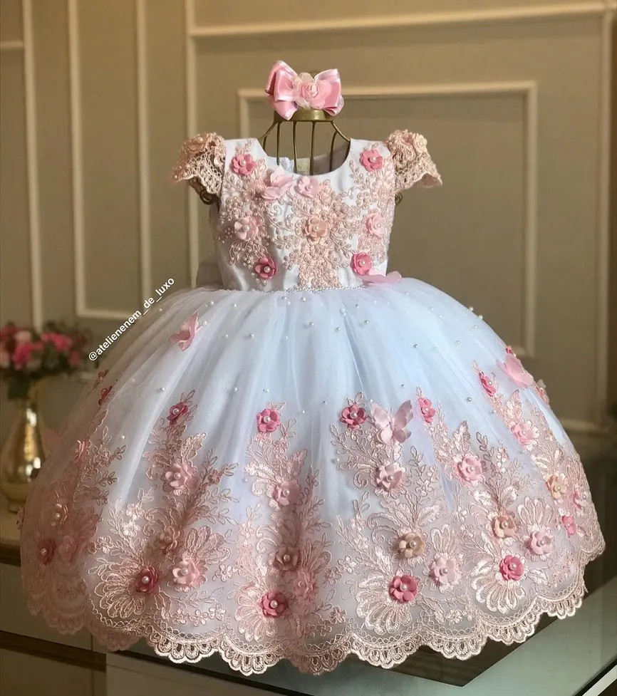 Vestido dorado de flores para niña, para boda, tul con apliques 3D hinchados y perlas, vestido de baile de primera comunión para cumpleaños de princesa para niños