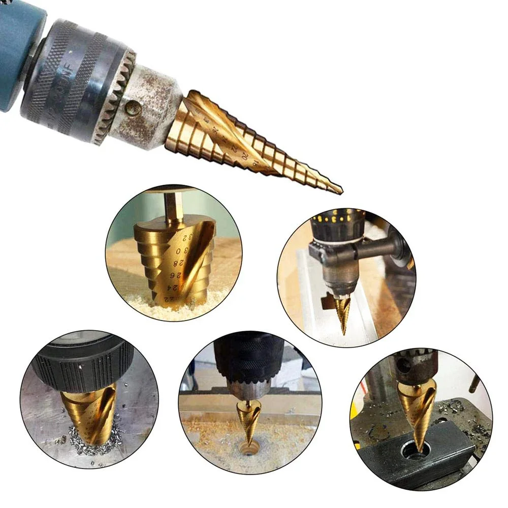 Step Drill Bit HSS Titanium Coated Cone Drill Bit Set Multi Size Metal Hole Cutter Spiral Groove Pro Drilling Tool Wood Metal