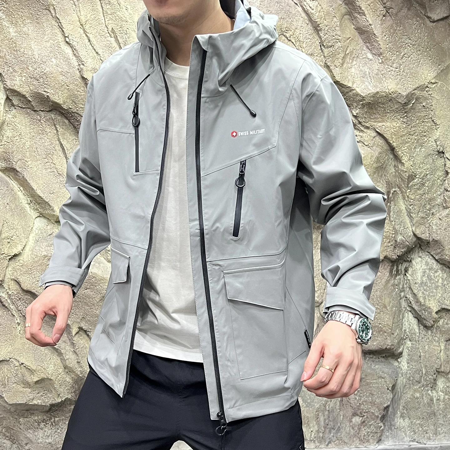 Sl High-End masculino ao ar livre à prova de vento impermeável com capuz Jaet fibra de poliéster longo Sve solto ajuste Sle para o outono