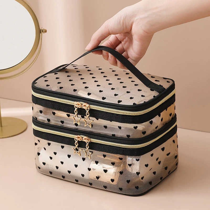 Large Capacity Mesh Cloth Makeup Bag Travel Essentials ​Cosmetics Organizer Women Toiletry Bag Double Layer Design Cosmetic Bag