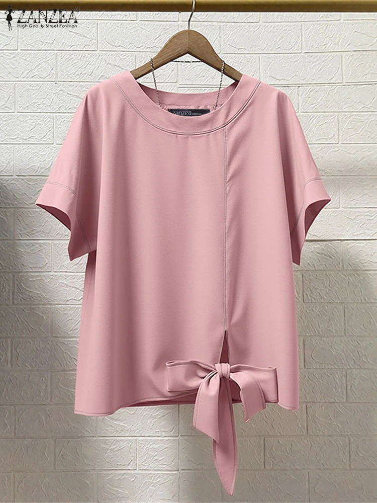 

ZANZEA модная шифоновая блузка женская 2025 однотонный пуловер элегантные офисные топы повседневная блузка с коротким рукавом туника с круглым вырезом