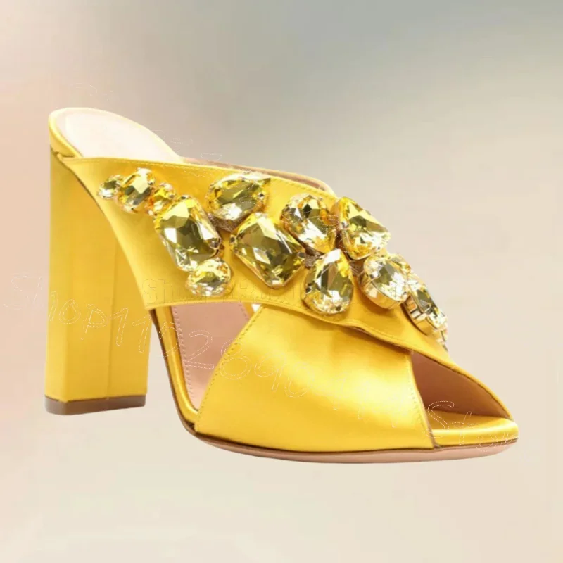 

Crystal Design Pink Silk Peep Toe Slippers Slip On Women Shoes Chunky High Heels Fashion Party Banquet 2026 Zapatos Para Mujere
