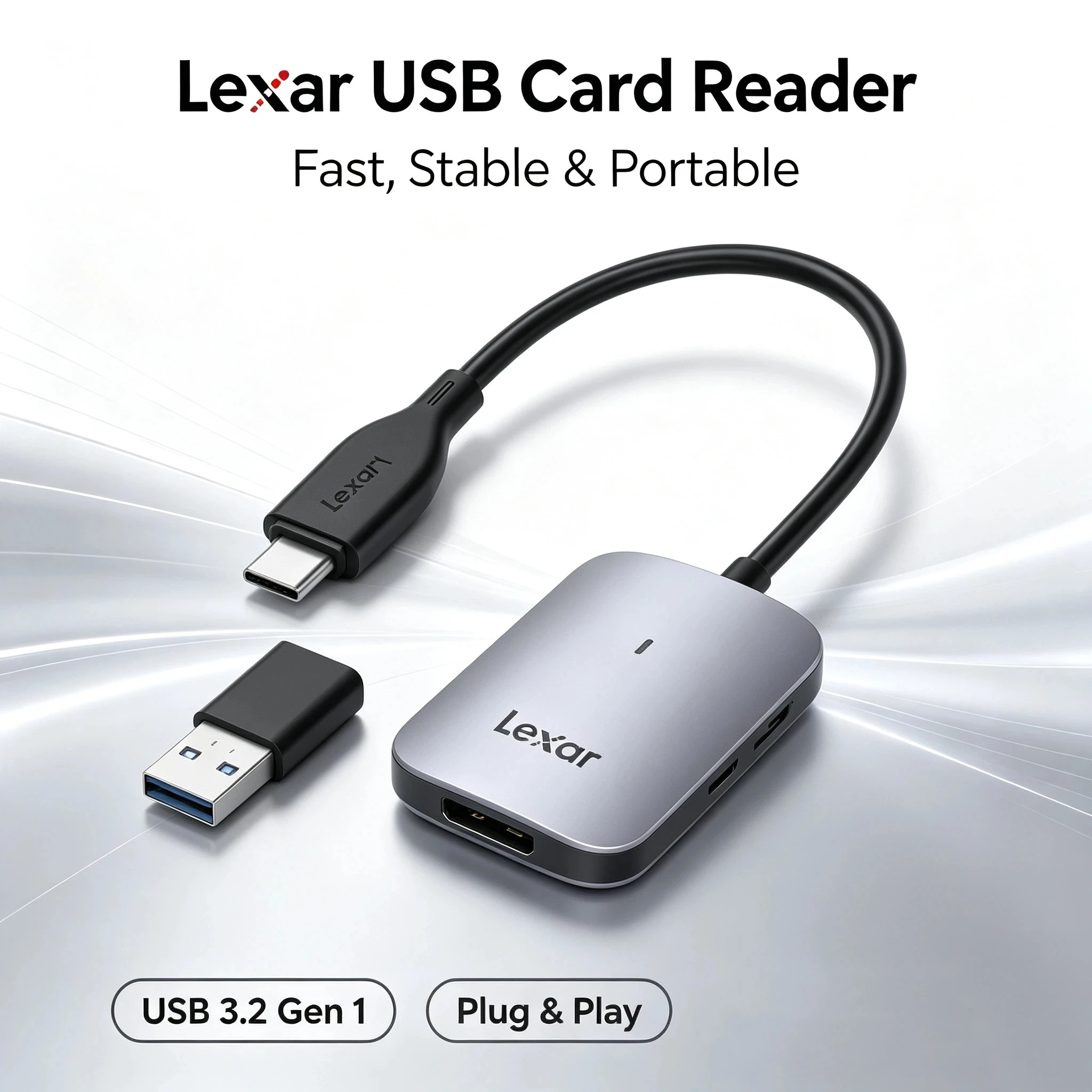 lexar-cfexpress-type-aカードリーダー。プラグアンドプレイ対応、放熱機能付き。高速データ転送（900mb-s）、8kビデオのオフロードに最適な金属製筐体。