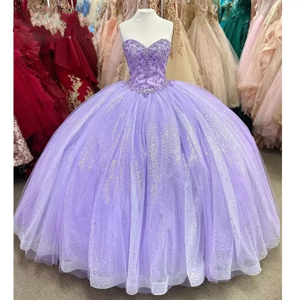 Glittering Lavender Sweetheart Ball Gown Quinceanera Dresses Vestidos De 15 Anos Lace Beading Crystal Cinderella Birthday Party