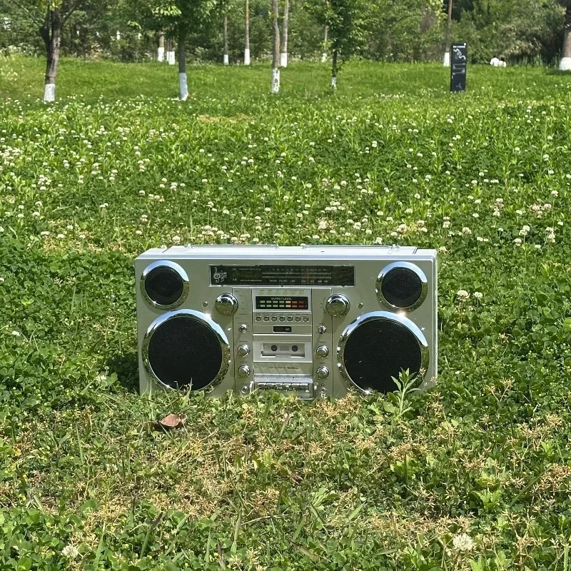 مشغل أقراص مضغوطة محمول Boombox كاسيت راديو FM USB بلوتوث فضي مع مدخل AUX للاستخدام المنزلي في الهواء الطلق #4