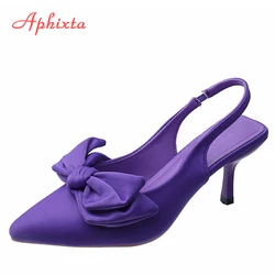 Aphixta 7cm Thin Heels Women Sandals Pointed Toe Purple Silk Butterfly-knot Ladies Modern Slides Shoes Plus Size 42