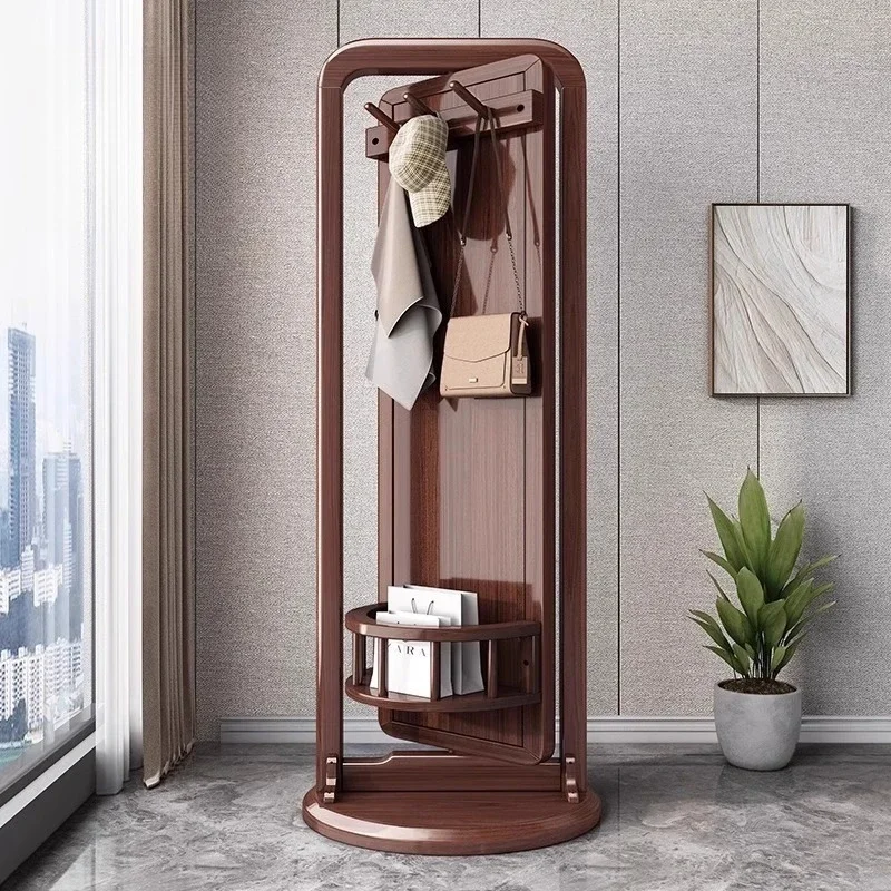 

Space-Saving 2-in-1 Mirror & Hanger: Swiveling Full-Length Floor Mirror with Solid Wood Stand and Integrated Storage for Modern