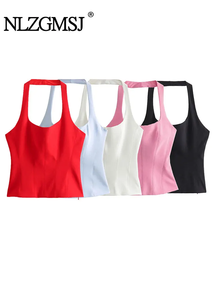 Nlzgmsj  Spring Halter Neck Women Slim Cropped Top Chic Sleeveless Slim Tank Top Sexy Women Side Zip Street Vest