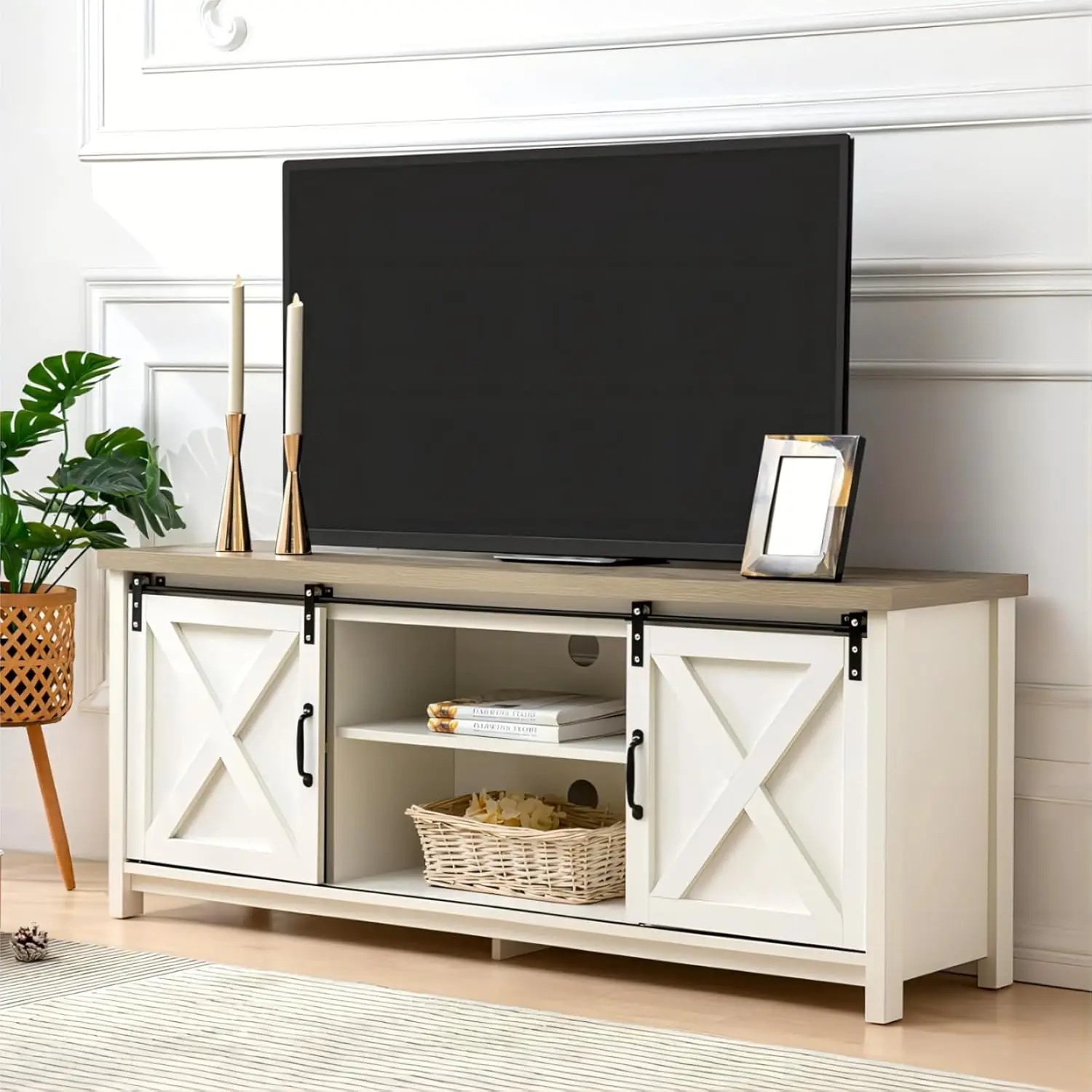 

Modern Farmhouse TV Stand w/Sliding Barn Doors, Media Entertainment Center Table for TVs up to 65”,2-Tier Large Storage Cabinets