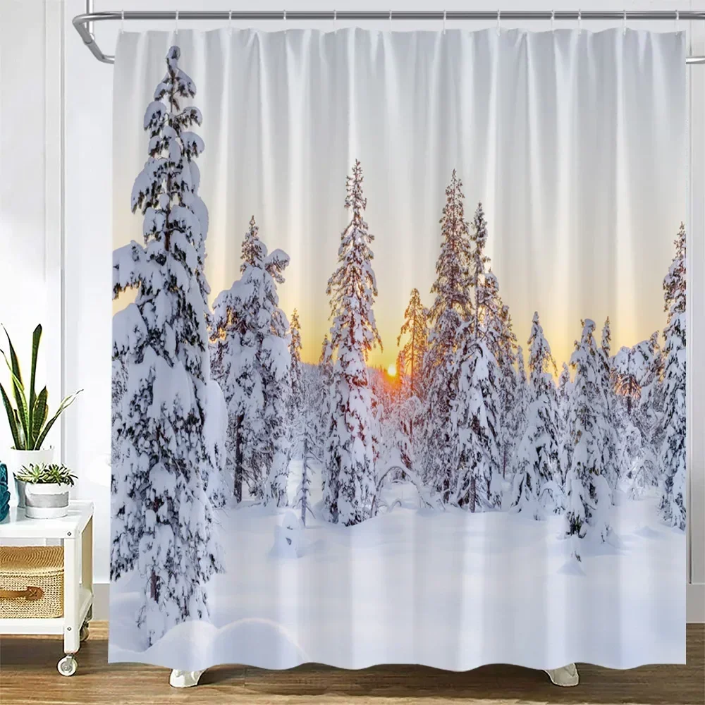 Winter Landscape Shower Curtains Snow Forest Trees Branch Nature Scenery Christmas Home Bathroom Decor Fabric Bath Curtain Sets