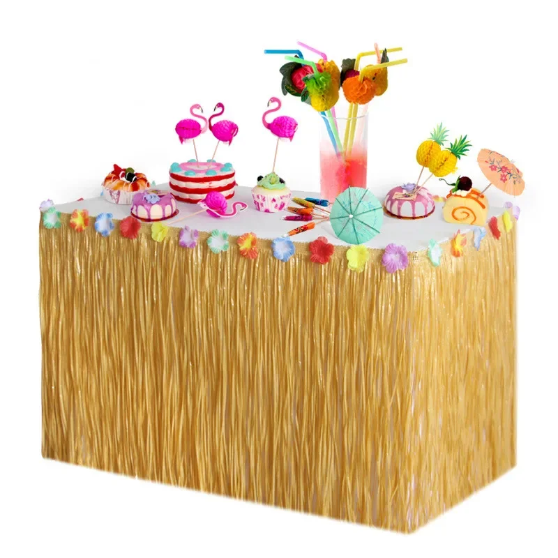 2 Sizes Straw Color Luau Grass Table Skirt Straw Hawaiian Summer Theme Party Supplies for Tropical Hawaii Party Decorations