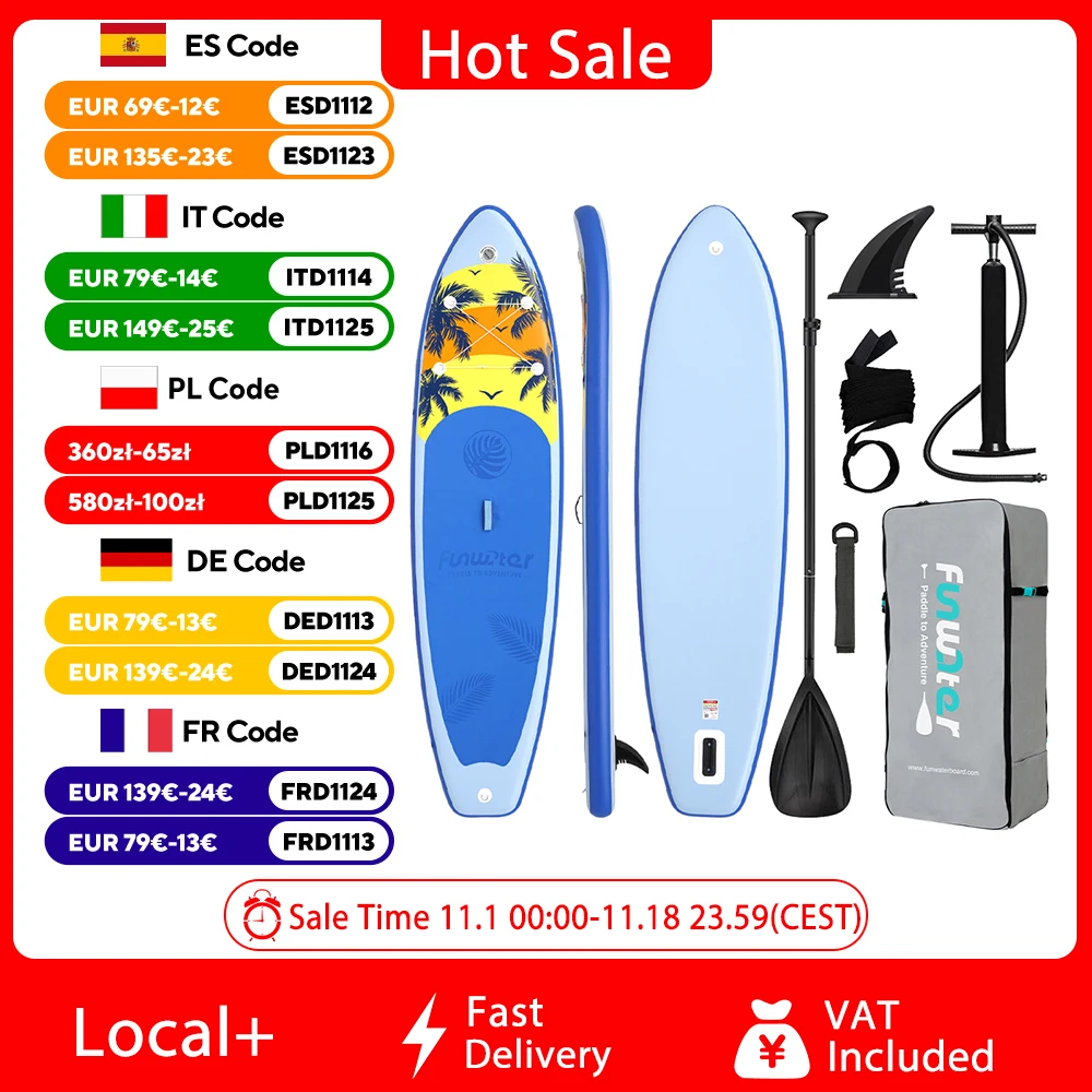 Funwater aufblasbares Stand-Up-Paddleboard mit komplettem Zubehörset, 335 * 84 * 15 cm, maximale Traglast 165 kg, leicht zu transportieren, geeignet für Wasseryoga, Fitness, Familienausflüge, Strände