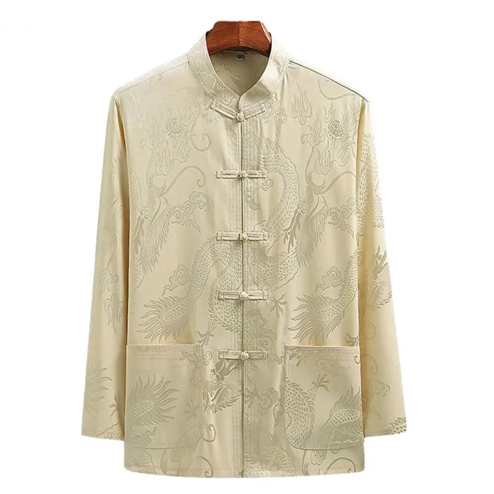 

New Year Chinese Men Tang Suit Shirt Long Sleeve Dragon Print Shirt Pockets Design Tai Chi قمصان وبلوزات