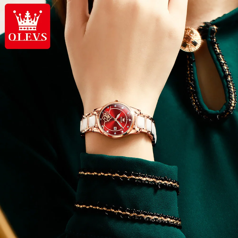 OLEVS 3606 Luxury Women Watch Camellia Quartz Japan Movement 30M Waterproof Watch For Women Ceramics Women Mechanical Watch