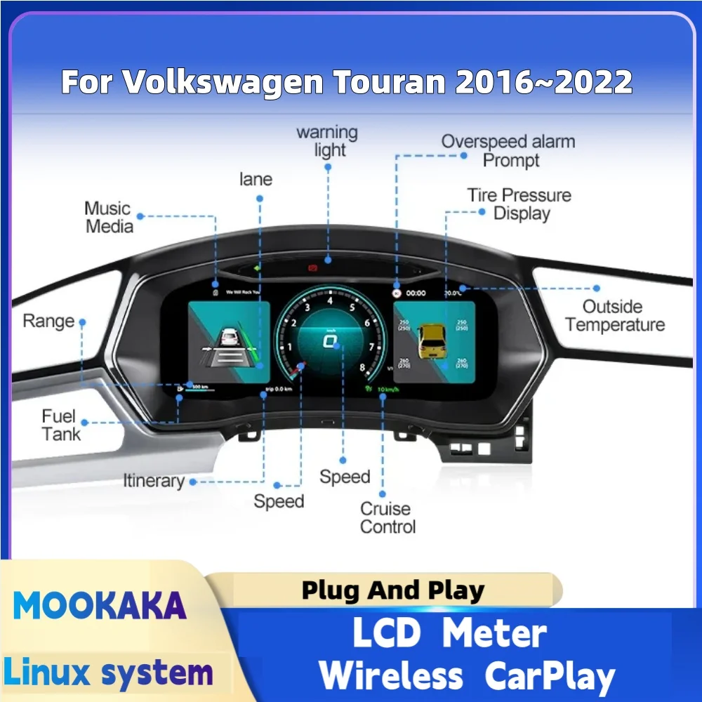 Digital Dashboard For VW Volkswagen Touran 2016~2022 Carplay Car Cluster LCD Meter Virtual Cockpit Digital Instrument Panel