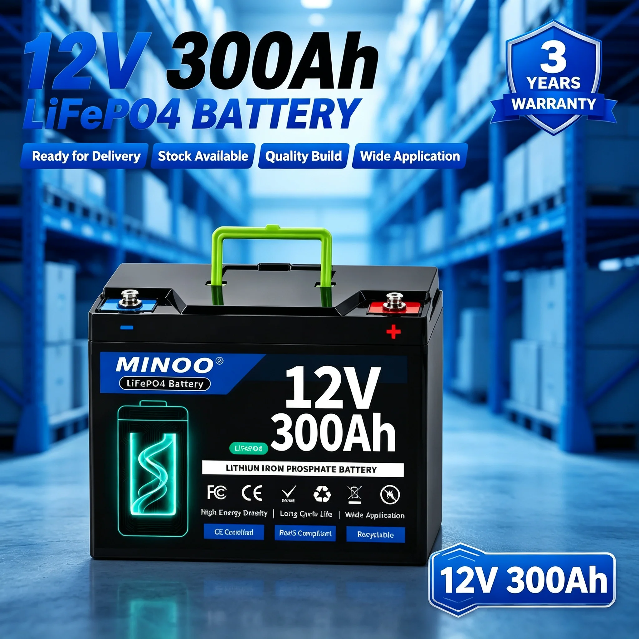 12V 300Ah Lithium LiFePO4 Battery Built-in 300A BMS High Capacity Deep Cycle Battery for RV Solar Marine Backup Power