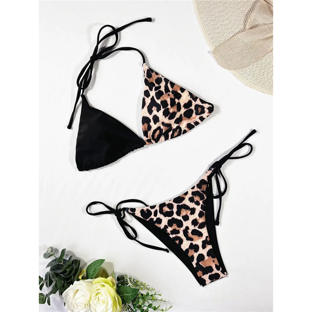 Leopard-Splicing-Halter-Bikini, Damen-Badeanzug, zweiteiliges Bikini-Set, Badeanzug mit hohem Beinausschnitt, Badebekleidung, Modell V7971. – Detail 5