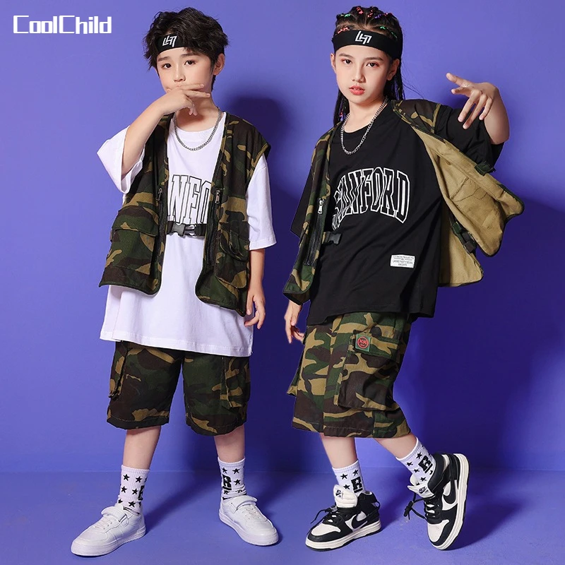 

Boys Hip Hop Vest Girls Camouflage Cargo Shorts Military Top Street Dance Kids Summer Jazz Clothes Sets Child Streetwear Costume