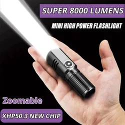 Powerful MINI Led Flashlight XHP50 Type-c Rechargeable Zoom Fishing Lantern 3 Lighting Mode Camping Lamp