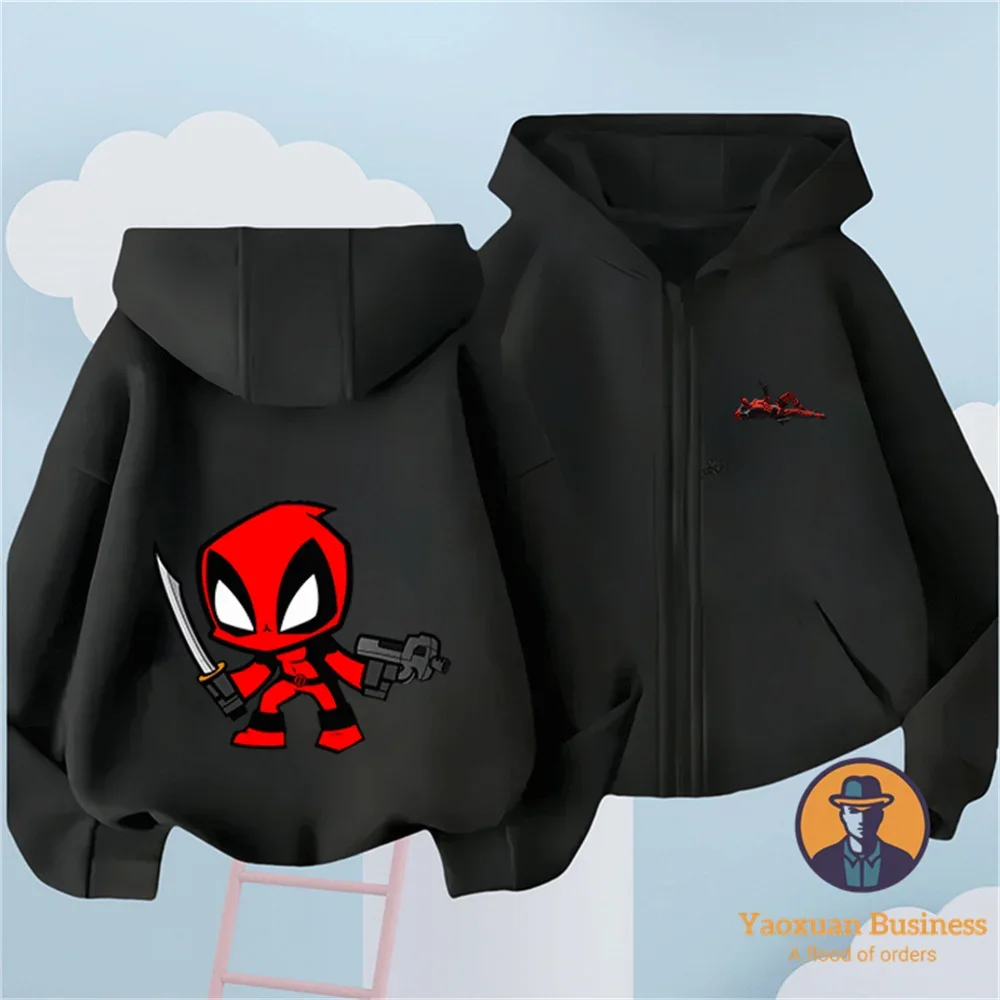 

2 14Y 2D Deadpool Cartoon Print Zip Up Hoodie Pure Cotton Fashion Casual Hot Sale Kidswear
