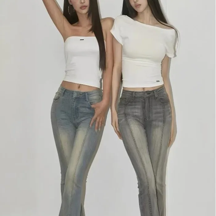 Jeans sexy slim fit Bell Bot Retro American Waed out Pantaloni in denim elasticizzati a vita alta Pantaloni lunghi casual con controllo della pancia