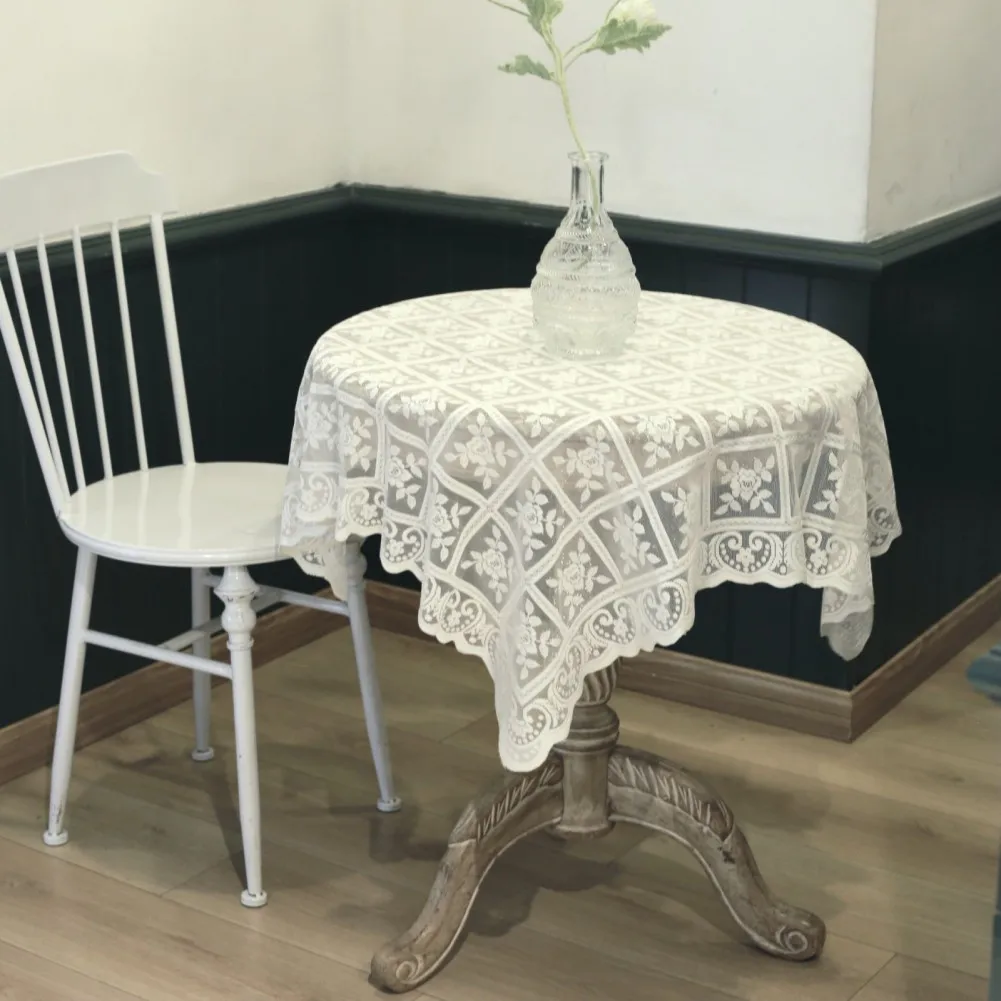 Nordic White Lace Hollow Tablecloth Vintage Rose Flower Pattern Table Cover Home Party Wedding Dining Table Decorations