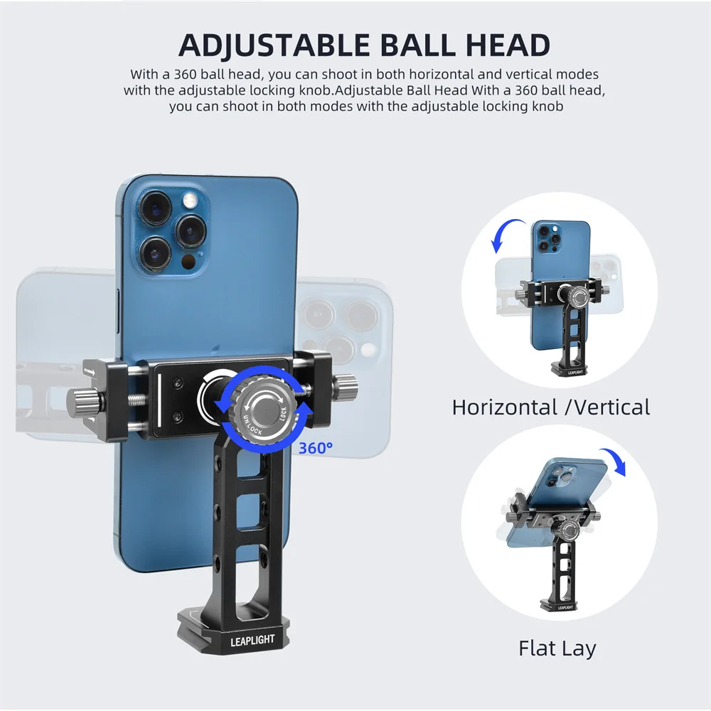 LEAPLIGHT Metal Phone Holder Clamp W 360 Ballhead Cold Shoe Arca Smartphone Tripod Mount for Iphne 16 15 14 Mic Light Magic Arm