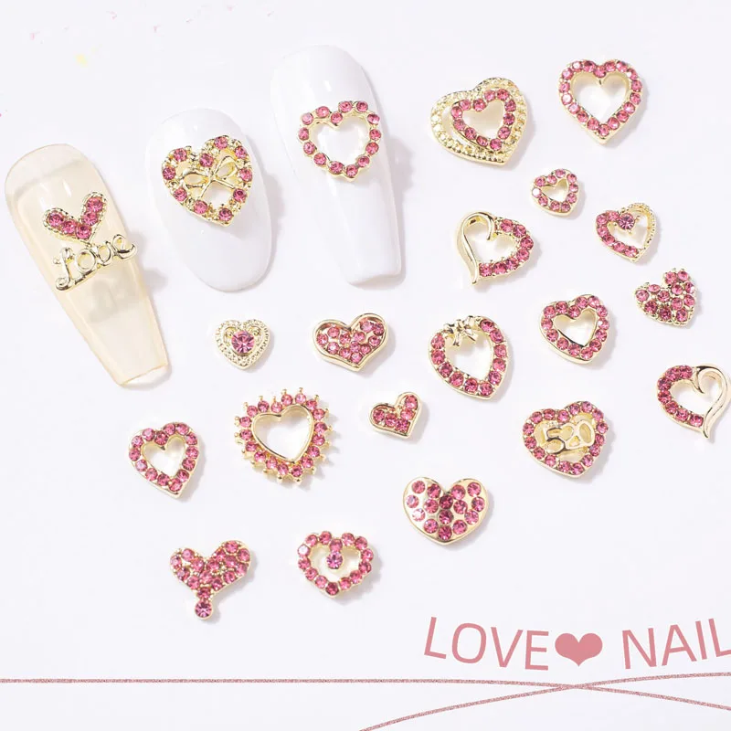 10PCS Nail Charms Parts For Valentine\'s Day Nail Decoration Rose Gold Heart Design Alloy Nail Tips Jewelry Manicure Accessories