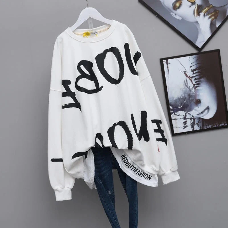 Autumn Letter Print Oversized Loose Casual Cotton Sweatshirt Female Streetwear Y2K Pullover Broken Hole Design All Match Jumpers