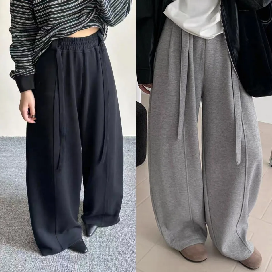 

Широкие брюки Thiened Fce, женские свободные повседневные брюки с эластичной резинкой на талии, однотонные, в корейском стиле, универсальные, высококачественные.