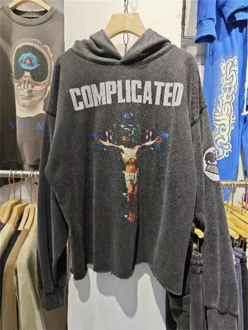 

New Vintage Cross Portrait Print Washed High Street Loose Fleece Hoodie Casual Cotton Trendy Oversize High Quality Street Tops