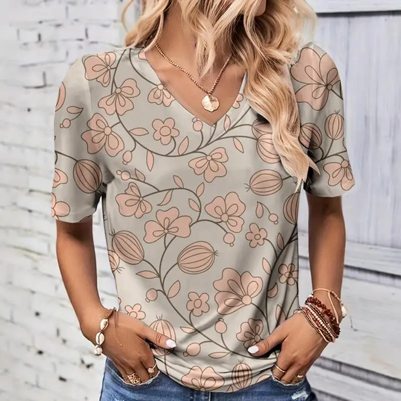 Modne letnie koszulki z nadrukiem 3D w kształcie liści Damskie koszulki z krótkim rękawem z dekoltem w szpic Y2K Casual Tees Harajuku Tops Odzież damska