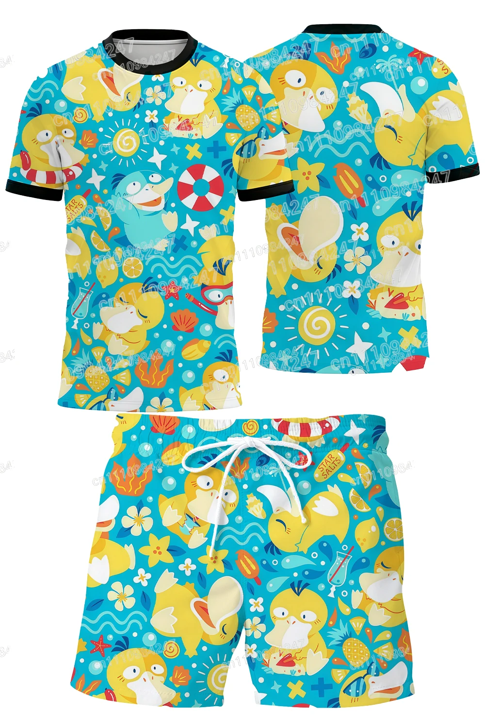 Conjunto de 2 Piezas de Camiseta y Pantalones Cortos de Playa con Estampado de Anime de Pokemon Psyduck, Secado Rápido, para Hombre y Mujer, Ropa Casual de Vacaciones, Venta Caliente 2026