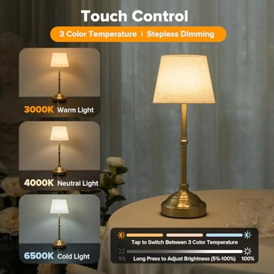 Cordless Table Lamp, Rechargeable Desk Lamp with Fabric Shade, Battery Operated 3 Color Stepless Dimming, Small Touch Bedside L view 4