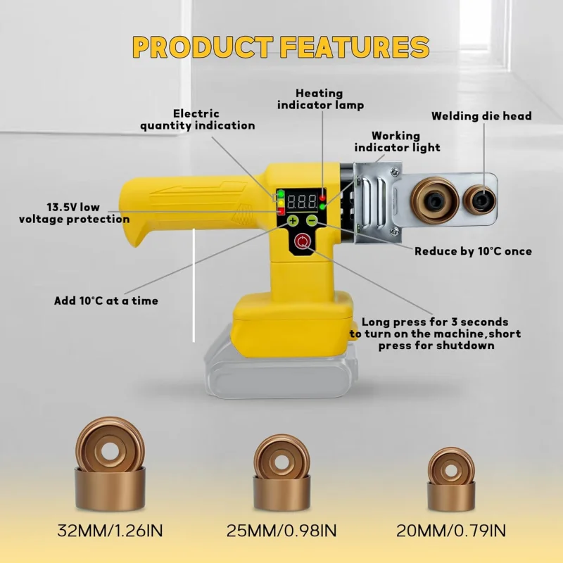 Plastic Water Pipe Welder for Dewalt 20V batterry Digital Display Hot Melt Tools 280W Pipe Welding Machine with 3 Die Heads