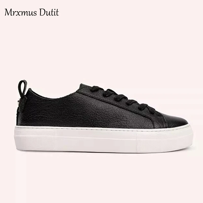 Mrxmus Dutit2024 New Spring Autumn Genuine Leather Women Lacing Basic White Flat Shoes Casual Solid Color Simple All-match Femme