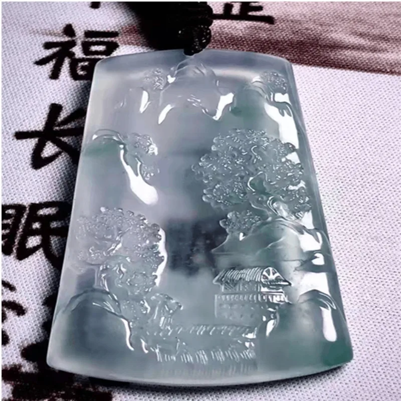 Jadeite landscape , ice-clear translucent , Burmese jade, unisex , "No Worries" pendant, holiday gift
