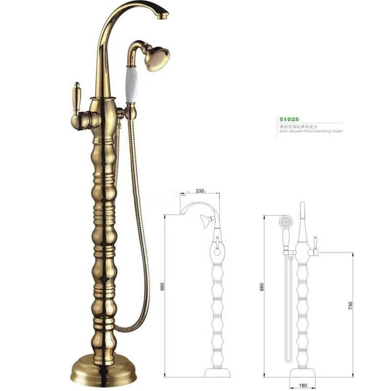 

Luxury Brass Gold Plated Roman Freestanding Tub Filler Bath Taps