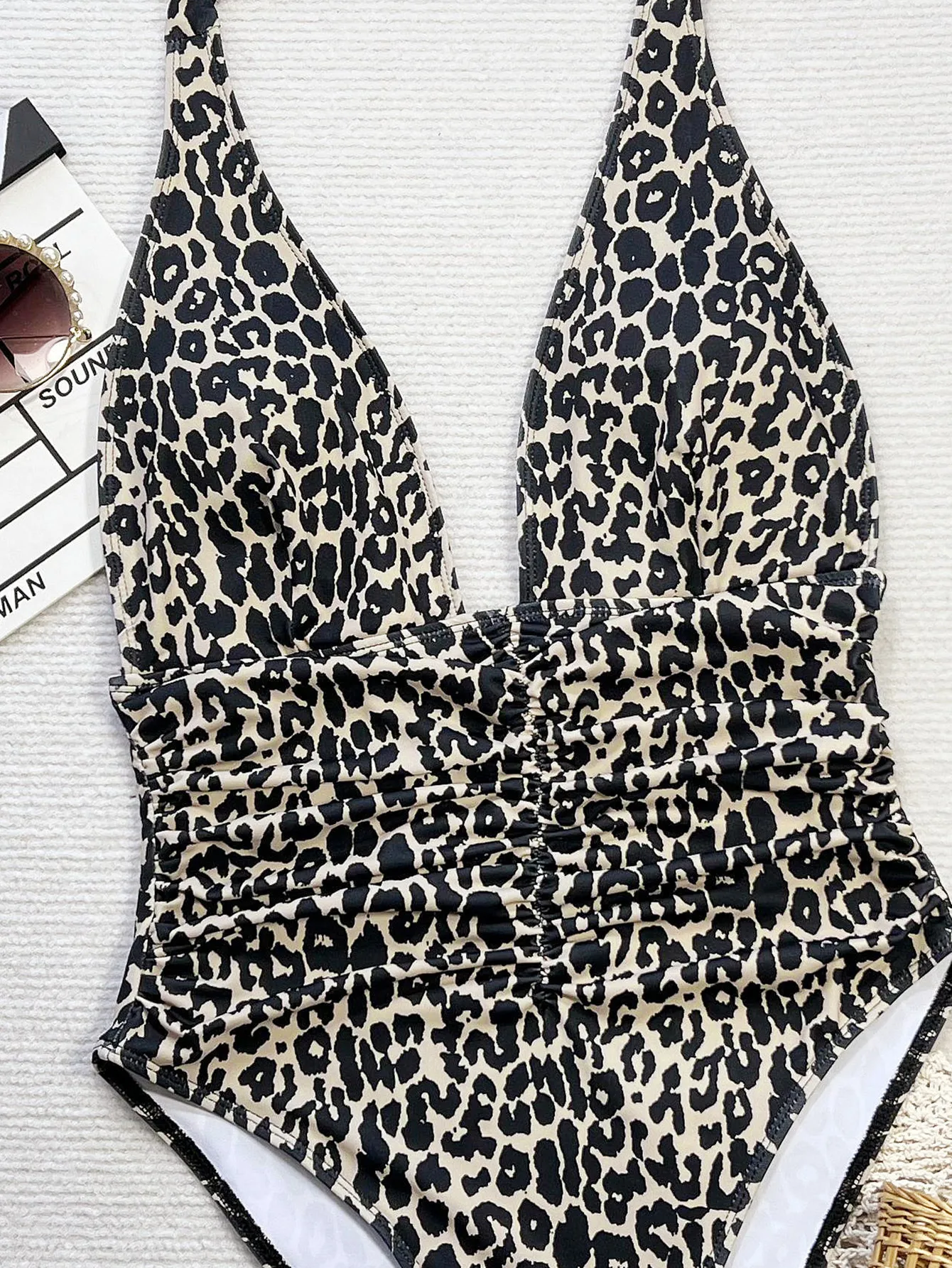 sexy wrinkled leopard print deep v-neck swimsuits one piece halter women's bikinis swimwear bathing suit beach outfits bodysuits