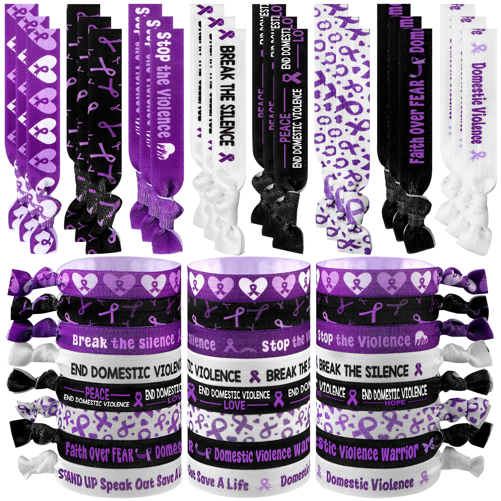 

48 шт., браслеты для волос с информацией о домашнем насилия, объемные эластичные фиолетовые ленты, повязки на голову, завязанные держатели для хвоста, резинки для волос