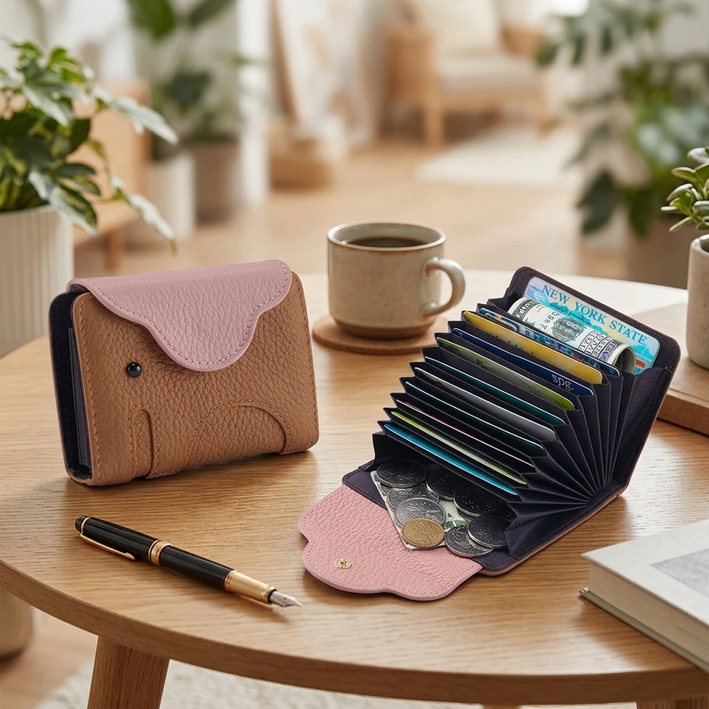 Leather Elephant Design Card Holder Multi Slots Color Blocking Compact Zipper Pocket Wallet for Women Students