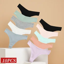 10Pcs/Set Ribbed Cotton Low Rise Thongs Women V Front Waist G-string Solid Color Sexy Lingerie No Show Daily Panties M-XXL