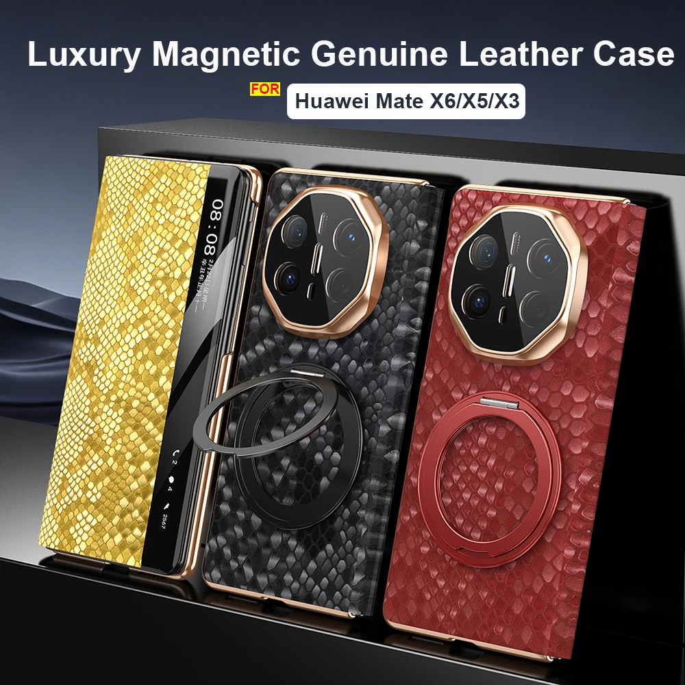 

Luxury Genuine Flip Leather Magnetic Ring Kickstand Case for Huawei Mate X6 X5 X3 Phone Cover dragon scale pattern skin Funda