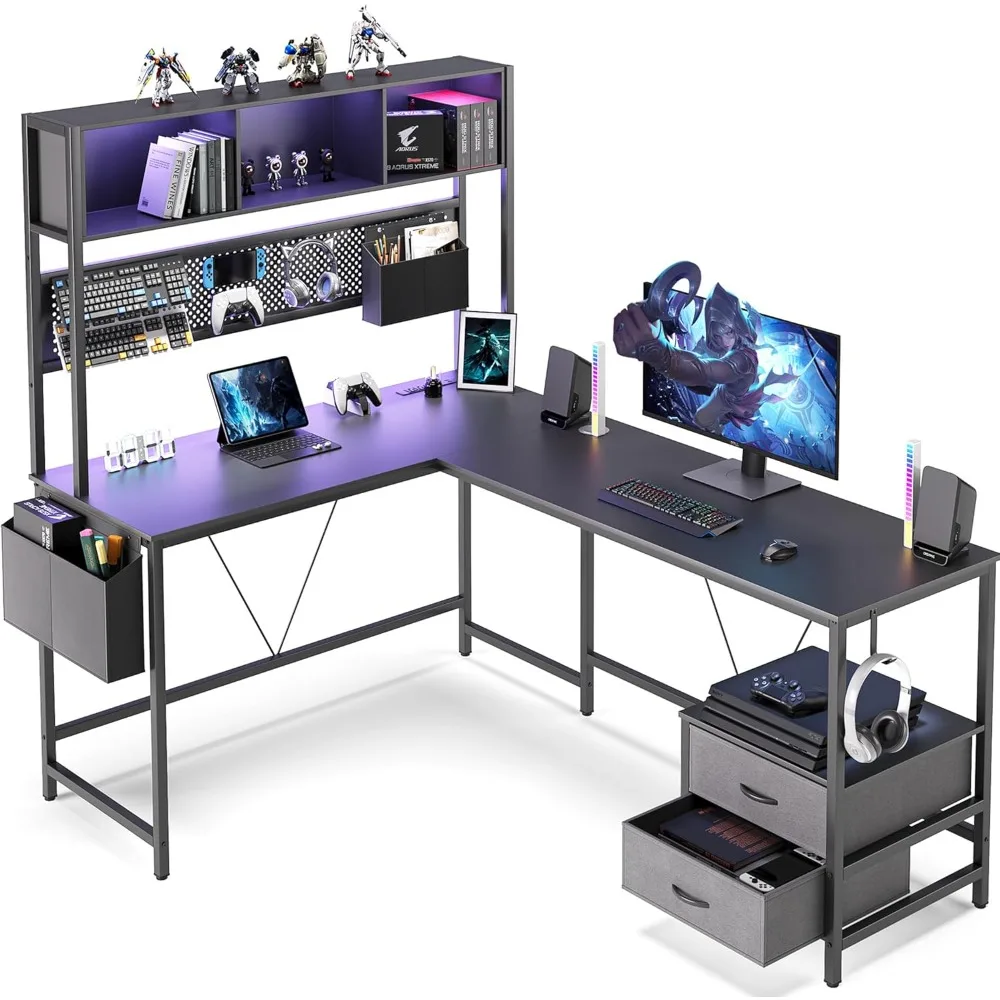 

L Shaped Desk with Pegboard and Drawers, Reversible 67” Gaming Desk with RGB Light and Power Outlet, Computer Corner Desk with