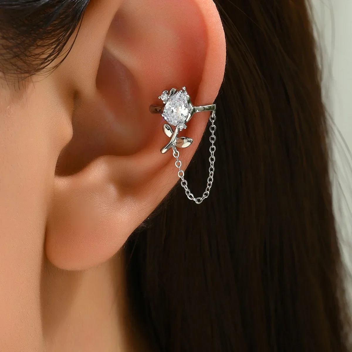

Jf Tulip Zircon Chain Tassel Ear Clip Pastoral Fairy High-Grade Non-Pierced Ear Bone Clip Earrings
